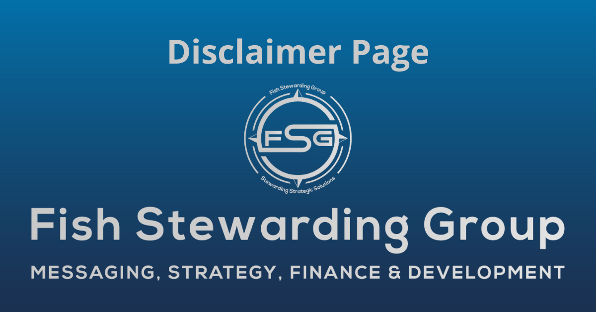 A rectangular Featured Image graphic for the Delivery and Returns Page. The background is a blue gradient color that goes from a dark blue on the bottom to a lighter blue on top. The text in gray on top reads Delivery and Returns. The text in gray on the bottom center reads: Fish Stewarding Group and beneath that, the text reads Messaging, Strategy, Finance and Development. In the center above the text is the FSG logo in gray. The logo has the letters FSG in the middle with a circle with four pointed arrows facing north, south, east and west with the S connected to that circle. Four rounded lines make the next circle of the circle and the last layer is a thin circle with the text on the Bottom that reads Stewarding Strategist Solutions and on top, the text reads Fish Stewarding Group.