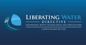 Liberating Water Directive graphic for FSG website. The background is a blue gradient color that goes from a dark blue on the bottom to a lighter blue on top. In the center background of the image is a watermarked FSG logo, faded in blue, in the background. The logo has the letters FSG in the middle with a circle with four pointed arrows facing north, south, east and west with the S connected to that circle. Four rounded lines make the next circle of the circle and the last layer is a thin circle with the text on the Bottom that reads Stewarding Strategist Solutions and on top, the text reads Fish Stewarding Group. In the foreground is the Liberating Water Directive Full logo. The logo is a round object with a flowing small line that starts at the top and then bends and slowly widens and opens by the lower right corner of the object. There are four blues in the round object from a light to a dark that make up quadrants in the image. Beneath the Logo are the words Liberating in a white, Water in a lighter blue, then two lines on each side of the word Directive which is in a white font. Then beneath that is the text that reads Responsible Water Technologies and Applications. Then a solid line and the website underneath that reads Liberatingwater.com.