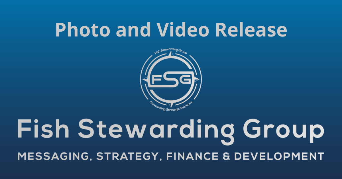A rectangular Featured Image graphic for the Photo and Video Release Page. The background is a blue gradient color that goes from a dark blue on the bottom to a lighter blue on top. The text in gray on top reads Photo and Video Release. The text in gray on the bottom center reads: Fish Stewarding Group and beneath that, the text reads Messaging, Strategy, Finance and Development. In the center above the text is the FSG logo in gray. The logo has the letters FSG in the middle with a circle with four pointed arrows facing north, south, east and west with the S connected to that circle. Four rounded lines make the next circle of the circle and the last layer is a thin circle with the text on the Bottom that reads Stewarding Strategist Solutions and on top, the text reads Fish Stewarding Group.