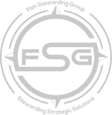 Transparent FSG logo with no background in gray. The logo has the letters FSG in the middle with a circle with four pointed arrows facing north, south, east and west with the S connected to that circle. Four rounded lines make the next circle of the circle and the last layer is a thin circle with the text on the Bottom that reads Stewarding Strategist Solutions and on top, the text reads Fish Stewarding Group.