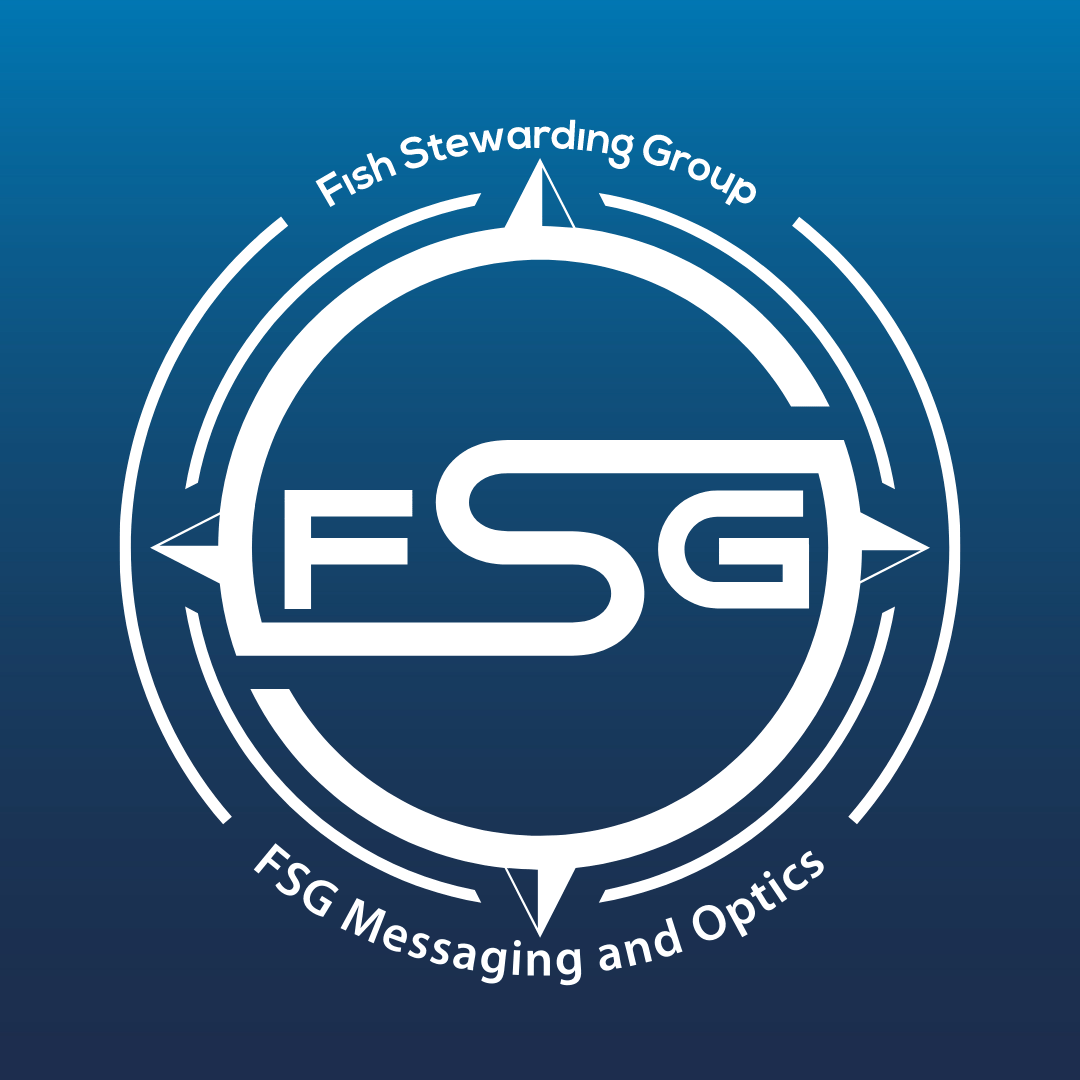On the back of a blue gradient color that goes from a dark blue on he bottom to a lighter blue on top. In the middle is the FSG logo in gray. The logo has the letters FSG in the middle with a circle with four pointed arrows facing north, south, east and west with the S connected to that circle. Four rounded lines make the next circle of the circle and the last layer is a thin circle with the text on the Bottom that reads FSG Messaging and Optics and on top, the text reads Fish Stewarding Group.