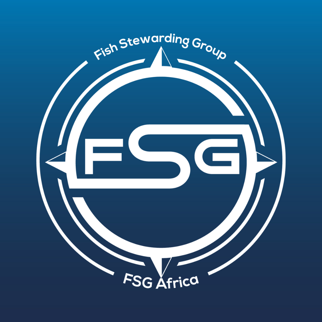 On the back of a blue gradient color that goes from a dark blue on he bottom to a lighter blue on top. In the middle is the FSG logo in gray. The logo has the letters FSG in the middle with a circle with four pointed arrows facing north, south, east and west with the S connected to that circle. Four rounded lines make the next circle of the circle and the last layer is a thin circle with the text on the Bottom that reads FSG Africa and on top, the text reads Fish Stewarding Group.