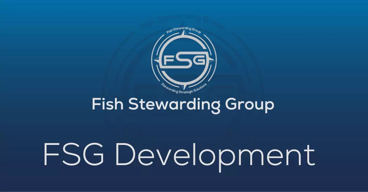 Fish Stewarding Group Featured Image with a blue background, the FSG logo watermark and the title FSG Development