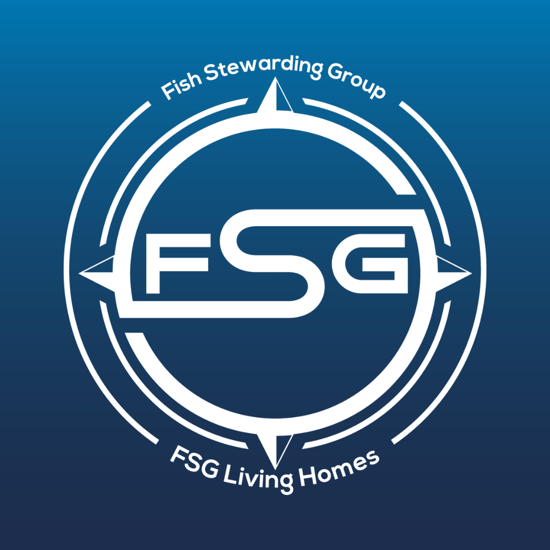 On the back of a blue gradient color that goes from a dark blue on he bottom to a lighter blue on top. In the middle is the FSG logo in gray. The logo has the letters FSG in the middle with a circle with four pointed arrows facing north, south, east and west with the S connected to that circle. Four rounded lines make the next circle of the circle and the last layer is a thin circle with the text on the Bottom that reads FSG Living Homes and on top, the text reads Fish Stewarding Group.