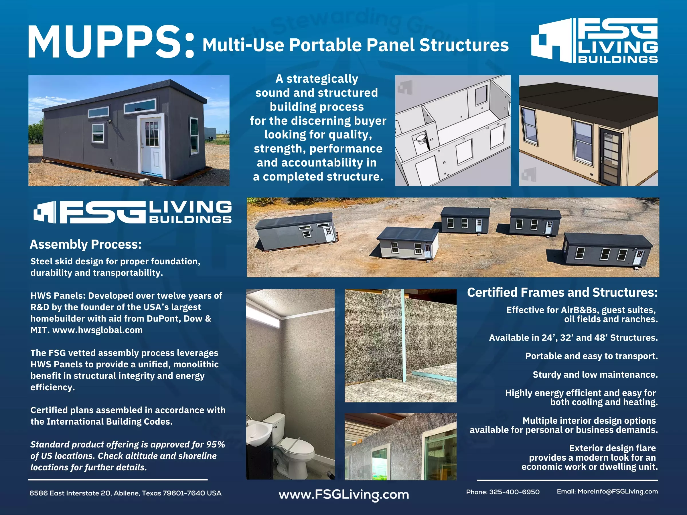 A blue background with a series of different pictures of the structures as well as content that shares about the assembly process as well as info on the certified frames and structures. There are also the logos for FSG Living Buildings and the MUPPS logo.
